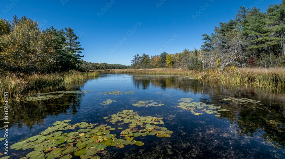 Calm Autumn Lake with Water Lily Pads and Tree Reflections Calm Autumn Lake with Water Lily Pads and Tree Reflections