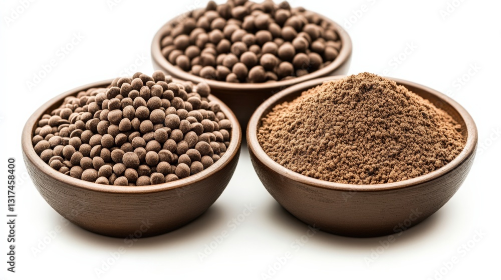Three bowls filled with different textures of brown food ingredients on a clean white background Three bowls filled with different textures of brown food ingredients on a clean white background