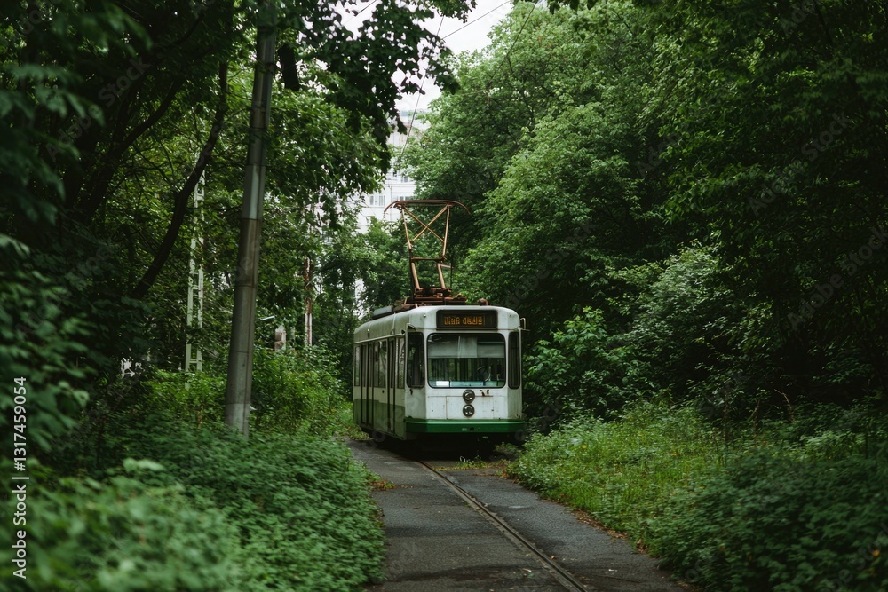 Fototapeta premium Abandoned Tram in Green Forest Path