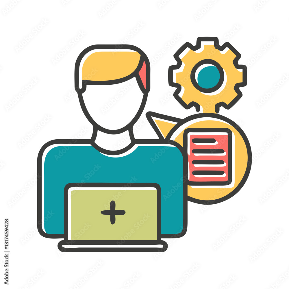 Freelancer icon working on laptop with gears, productivity concept Freelancer icon working on laptop with gears, productivity concept