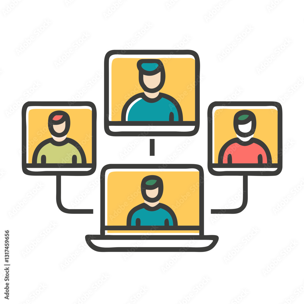 Remote team icon collaborating through digital screens, teamwork concept Remote team icon collaborating through digital screens, teamwork concept