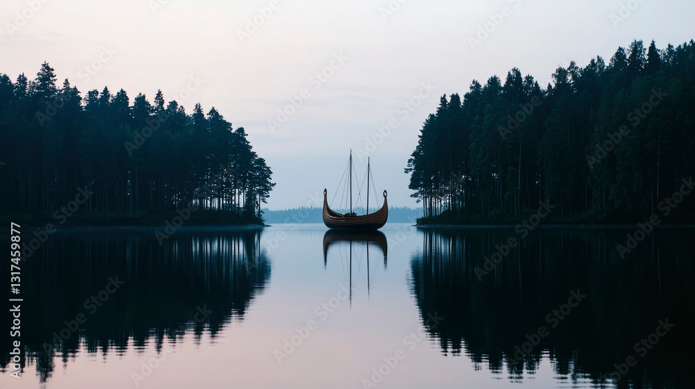 Fototapeta premium Viking Ship on Calm Lake, Sunrise Forest