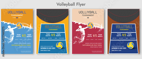 Volleyball charity tournament flyer layout. Volleyball camp posters, flyer with volleyball ball template vector design Volleyball championship flyer layout, double sided poster design for Volleyball 