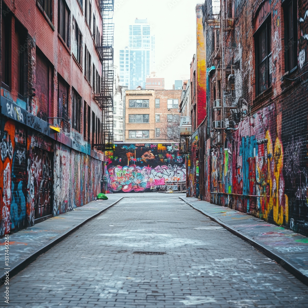 Fototapeta premium Vibrant urban alleyway covered in colorful graffiti, showcasing street art in a cityscape setting with high-rise buildings in the background.