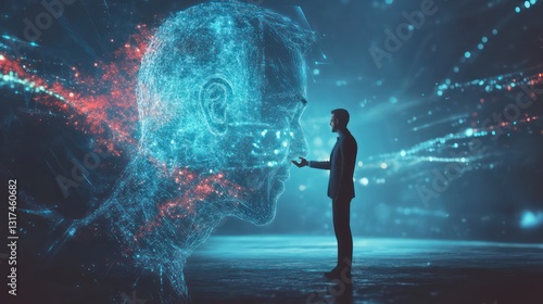 Man conversing with AI, digital future, network background, concept illustration