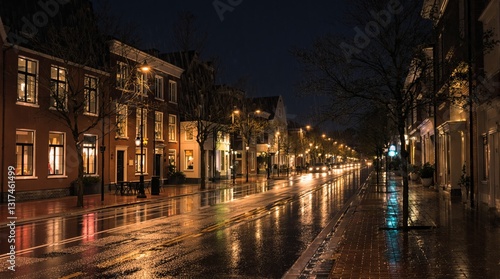 Fototapeta Naklejka Na Ścianę i Meble -  A serene urban street at night with illuminated buildings, wet pavement reflecting warm lights, parked cars, and small trees. Concept of quiet nightlife. Ai generative.
