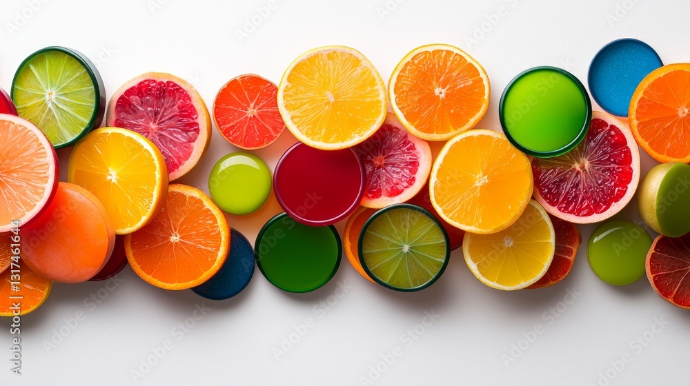 Colorful Citrus Fruits and Bright Juices on Light Background Colorful Citrus Fruits and Bright Juices on Light Background