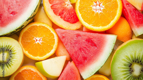 Fruit pattern seamless vector fruity background and fruitful exotic wallpaper with fresh slices of watermelon orange apples and tropical fruits illustration backdrop set