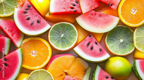 Fruit pattern seamless vector fruity background and fruitful exotic wallpaper with fresh slices of watermelon orange apples and tropical fruits illustration backdrop set
