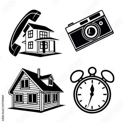 A collection of vintage icons including a house camera telephone and stopwatch depicting classic communication tools and timeless household objects