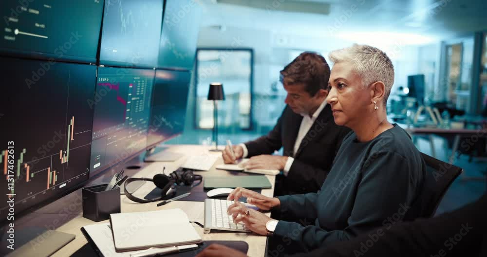 Computer, review and business people in office with trading for company finance revenue. Technology, research and team of financial managers monitor profit, charts and online for investment analysis. Computer, review and business people in office with trading for company finance revenue. Technology, research and team of financial managers monitor profit, charts and online for investment analysis.