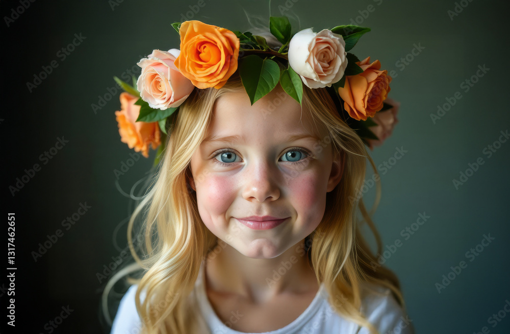 Naklejka premium Portrait of a happy girl with a flower wreath on her head. Spring young girl with flowers in her hair. Close-up portrait of a summer smiling girl on a blurred background.