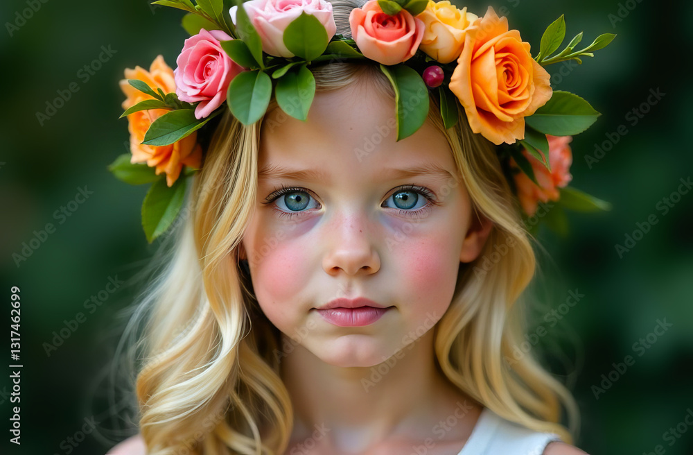Naklejka premium Portrait of a happy girl with a flower wreath on her head. Spring young girl with flowers in her hair. Close-up portrait of a summer smiling girl on a blurred background.