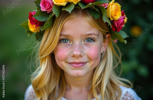 Portrait of a happy girl with a flower wreath on her head. Spring young girl with flowers in her hair. Close-up portrait of a summer smiling girl on a blurred background.