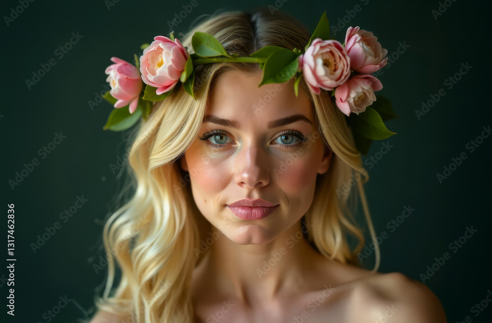 Naklejka premium Portrait of happy woman with flower wreath on her head. Spring woman with flowers in her hair. Close-up portrait of summer smiling woman on blurred background.