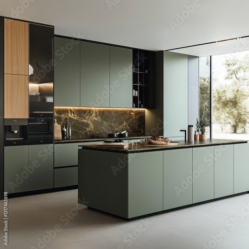 A modern elegant kitchen featuring contemporary cabinetry and an island