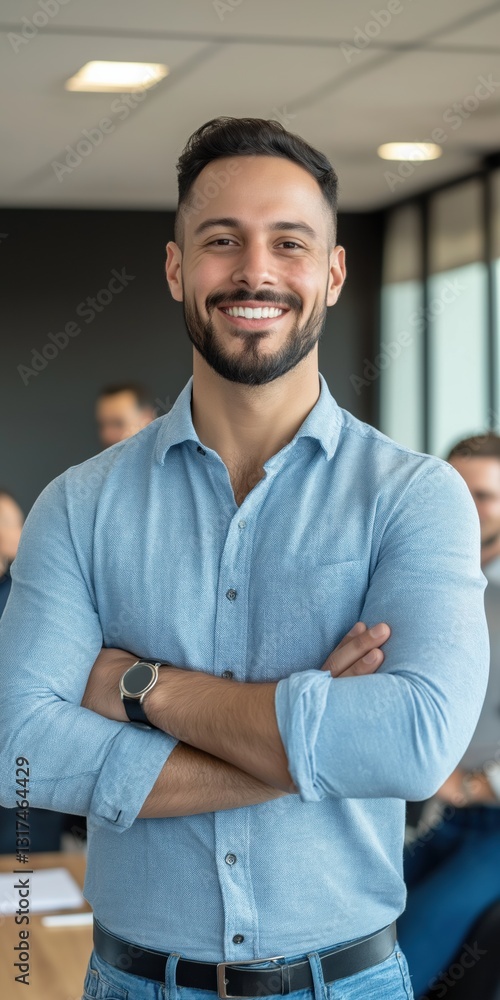A man with a black watch and a blue shirt is smiling and posing for a picture. He is surrounded by other people, and the mood of the image is cheerful and friendly A man with a black watch and a blue shirt is smiling and posing for a picture. He is surrounded by other people, and the mood of the image is cheerful and friendly