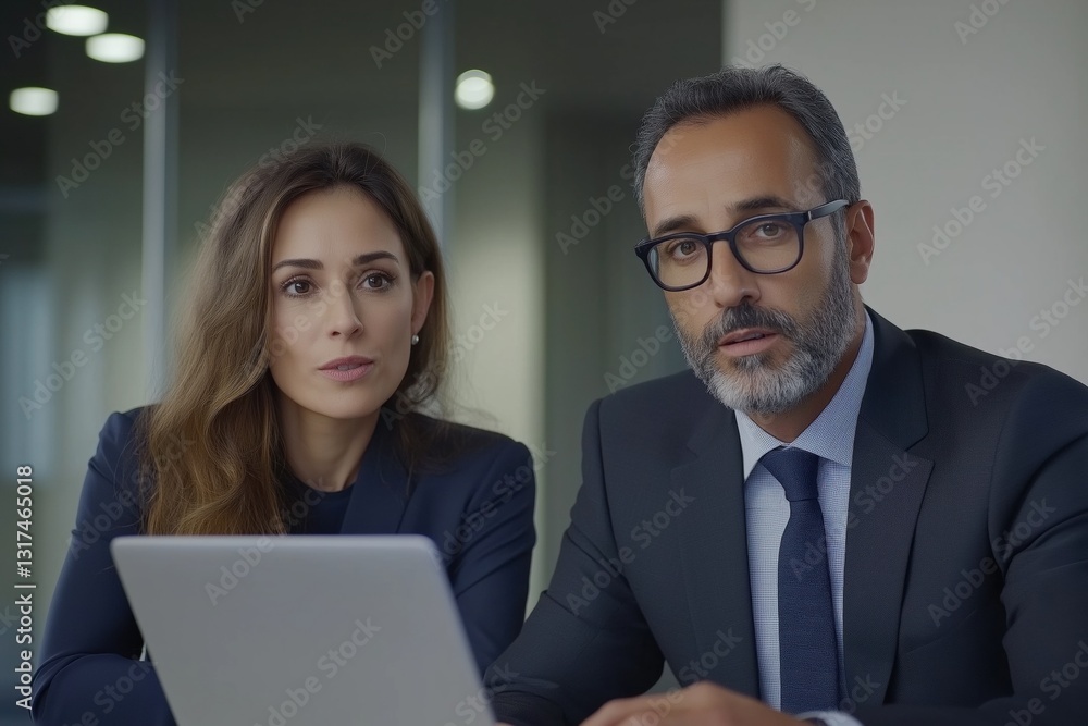Obraz premium Two men and a woman are sitting at a table with a laptop in front of them. They are dressed in business attire and appear to be working together