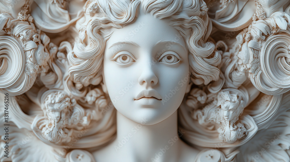 Intricate neo classical sculpture showcases a beautiful woman's face with delicate, graceful details. Magazine covers and high-fashion editorials Intricate neo classical sculpture showcases a beautiful woman's face with delicate, graceful details. Magazine covers and high-fashion editorials