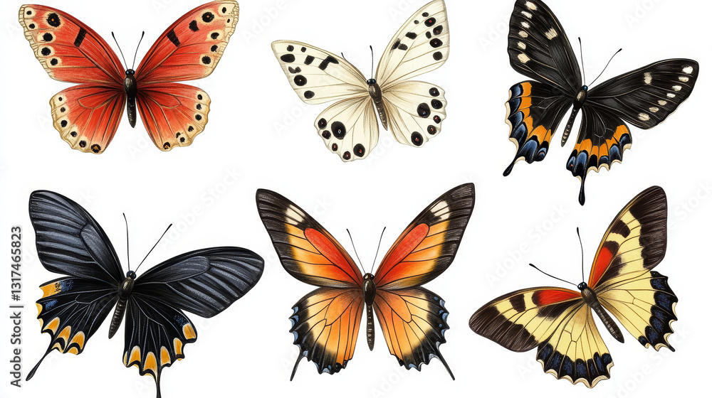 Obraz premium Butterfly colorful insect flying for decoration and beautiful butterflies wings fly in spring illustration set isolated on white background