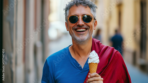 A middle aged man with sunglasses and an ice cream cone in his hand is smiling whil walking down the street of Italy. Ai generated