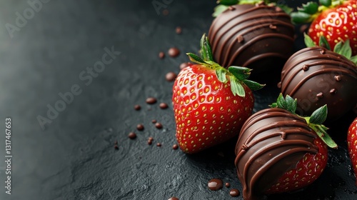 Decadent chocolate coated strawberries against a dark textured background