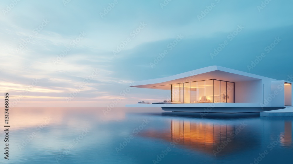 Modern house, ocean view, sunset, calm waters, luxury real estate Modern house, ocean view, sunset, calm waters, luxury real estate