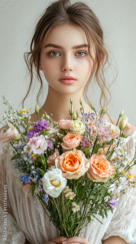 Young woman holding a vibrant bouquet of flowers while looking confidently at the camera indoors, showcasing natural beauty and style Young woman holding a vibrant bouquet of flowers while looking confidently at the camera indoors, showcasing natural beauty and style