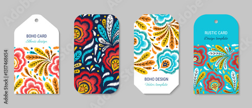 Rustic style tags ornate with embroidered beautiful flowers. Ethnic design embroidery colorful card set. Folk vintage floral labels. Hangtag template design collection. EPS 10 vector illustration.