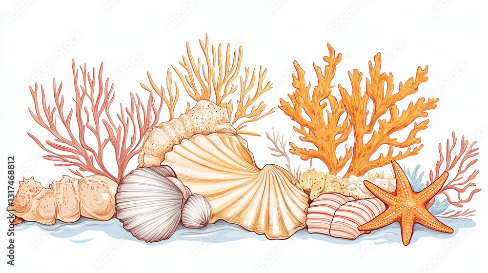 Obraz premium Sea shells marine cartoon clam-shell and ocean starfish coralline vector illustration.