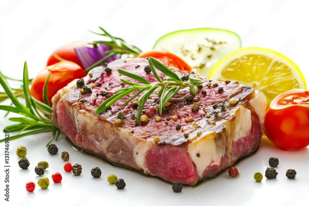 Juicy grilled steak with rosemary and peppercorns on white background. Neural network AI generated Juicy grilled steak with rosemary and peppercorns on white background. Neural network AI generated