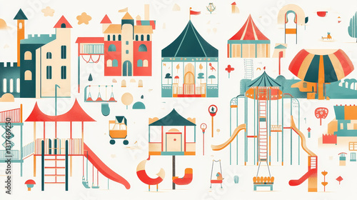 Kids playground isometric set, vector illustration isolated on white. Play space constructor for children with slides, playhouses, carousels, swings and ladders. Colorful outdoors equipment.