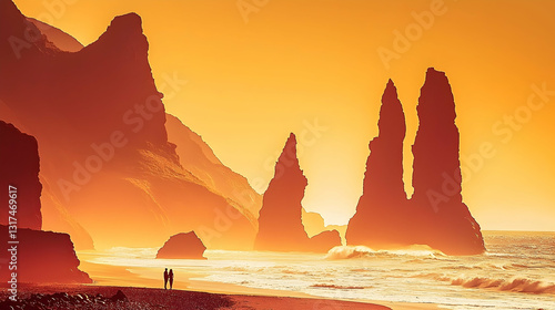 Couple silhouetted at sunset on Icelandic beach, dramatic rock formations in background, travel poster