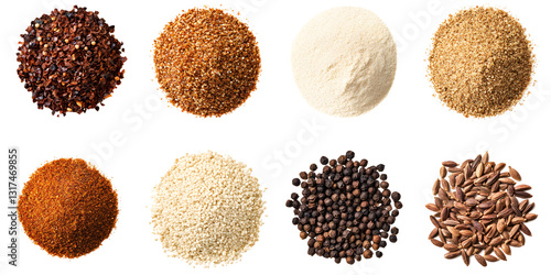 Fototapeta Naklejka Na Ścianę i Meble -  Set mix seasoning, spicy chili pepper flakes, coriander seeds, Tikka masala spice powder mix, sumac, caribbean curry pile, milled linseed, Anise seeds spice, on white or transparent background