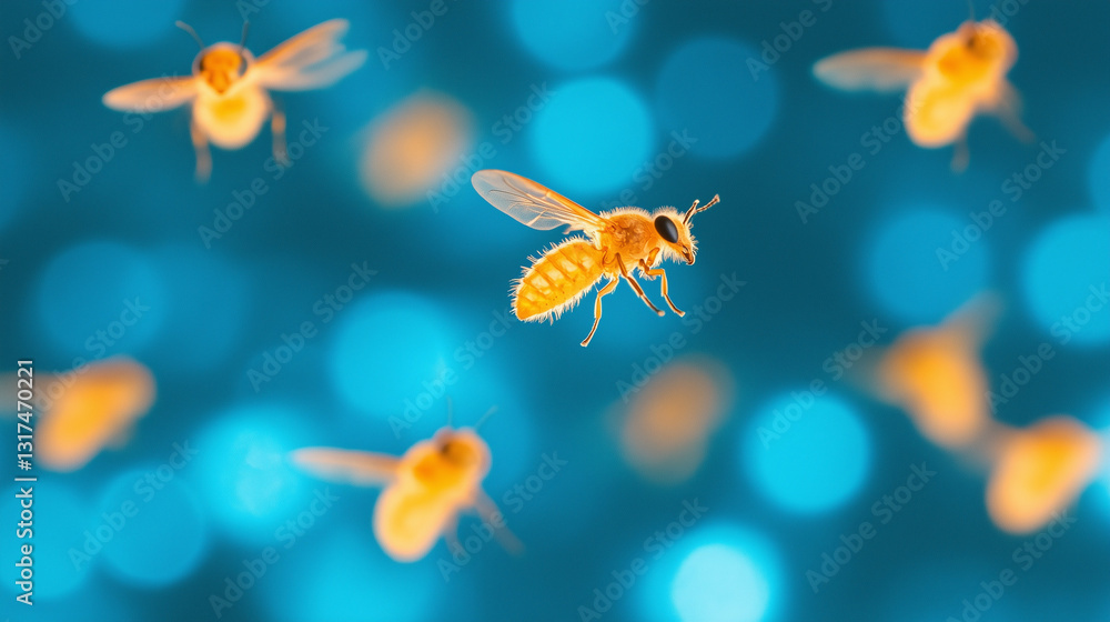 Golden Bees in Flight Against a Blue Bokeh Background Golden Bees in Flight Against a Blue Bokeh Background