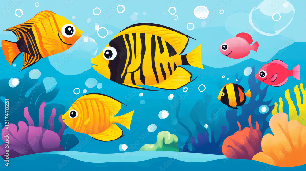 Naklejka premium Exotic tropical aquarium fish different colors underwater ocean species aquatic nature flat vector illustration