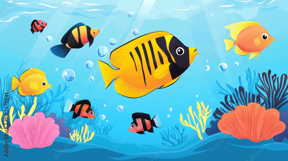 Fototapeta premium Exotic tropical aquarium fish different colors underwater ocean species aquatic nature flat vector illustration