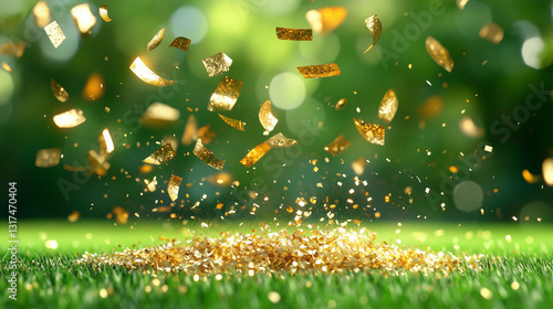 Golden Confetti Falling on Green Grass
