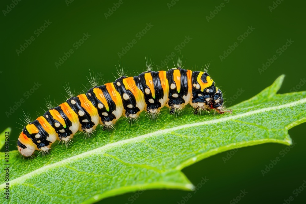 Colorful Caterpillar Crawling on Leaf in Detailed Macro Shot Against Nature Background Colorful Caterpillar Crawling on Leaf in Detailed Macro Shot Against Nature Background