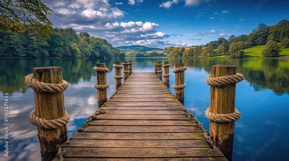 Obraz premium Wooden pier extending into a tranquil lake, surrounded by lush greenery