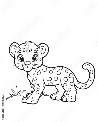 Playful leopard cub stands, coloring fun waiting to begin. Coloring encourages creativity and helps relaxation. Coloring pages bring joy to children and learners alike. Creative expression concept