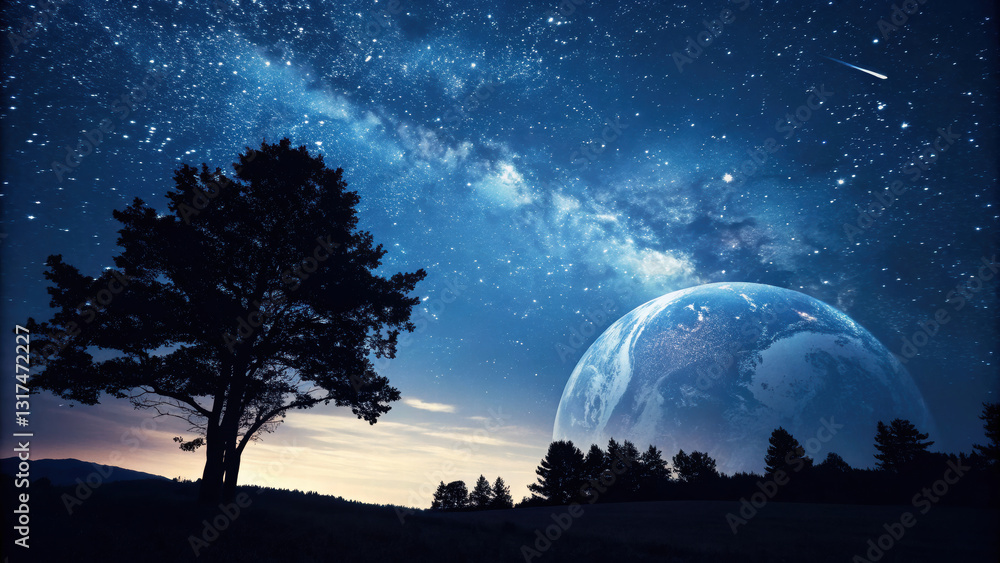 Naklejka premium serene cosmic scene featuring planet silhouetted against starry sky