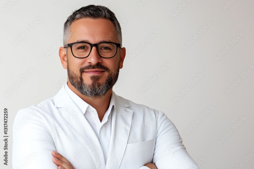 A man in a white jacket and glasses is smiling for the camera. He is a professional or a businessman A man in a white jacket and glasses is smiling for the camera. He is a professional or a businessman