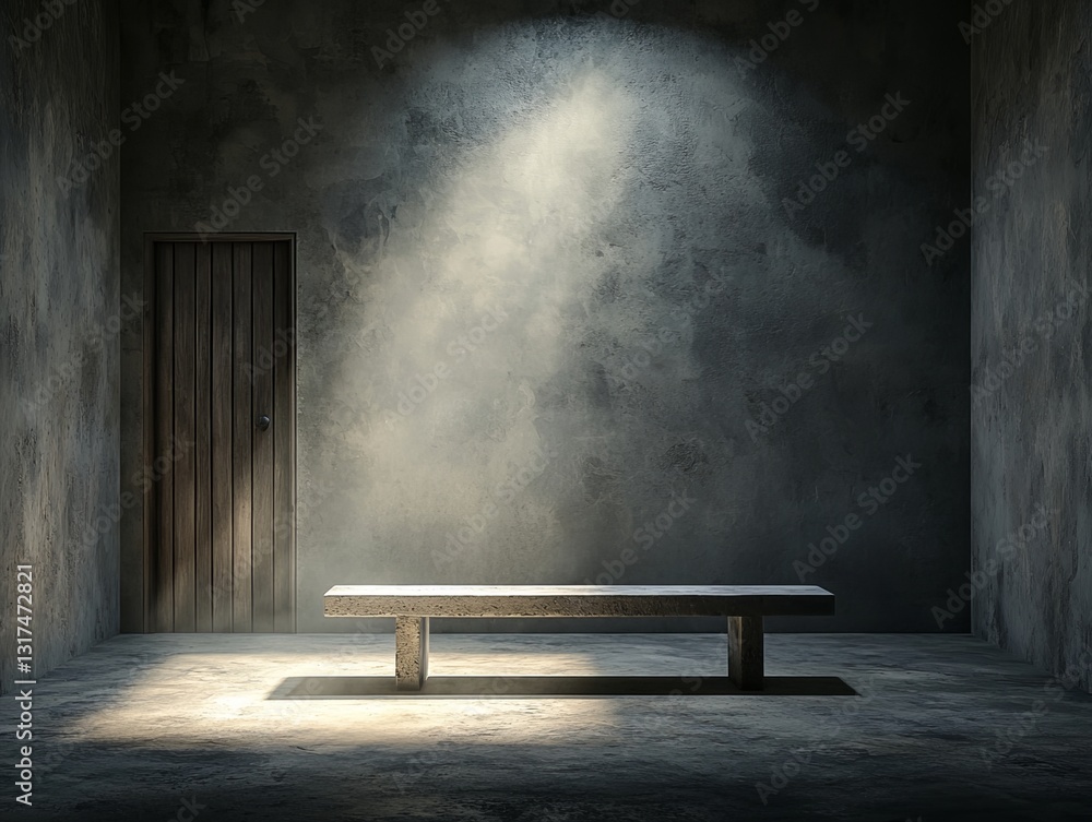 An empty, dimly lit room with a concrete bench and a single door, evoking a sense of solitude and mystery.