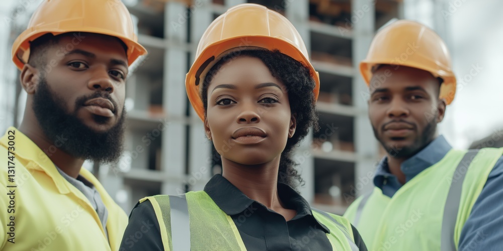 Three construction workers wearing hard hats and safety vests pose for a picture. The woman in the middle is wearing a safety vest and a hard hat Three construction workers wearing hard hats and safety vests pose for a picture. The woman in the middle is wearing a safety vest and a hard hat