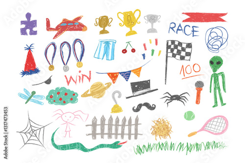 kidsetCrayon fun cute kid colorful doodle set badge, scribble line background. Hand-drawn doodle sketch childish element set. Medal, cups, fence, bush, spider, hook, microphone