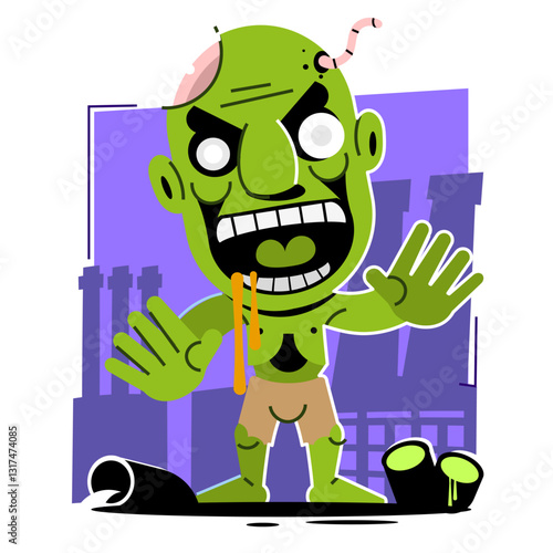 Cartoon zomby. Design for print, sticker, party decoration, logo, emblem, magazine prints or journal article, t-shirt design, poster. Vector illustration of Halloween cool zomby