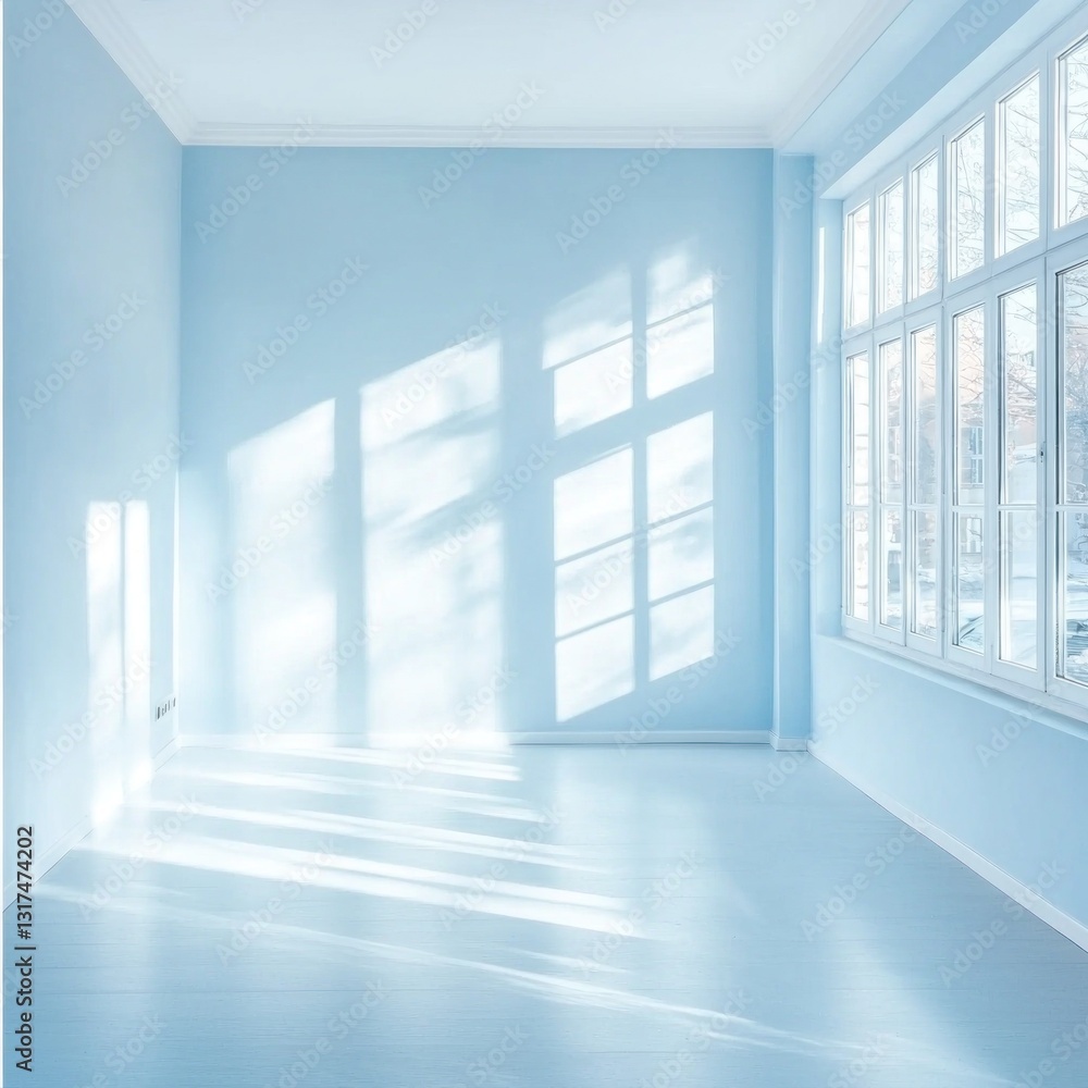 Light streams into an empty room with blue walls and floor Light streams into an empty room with blue walls and floor