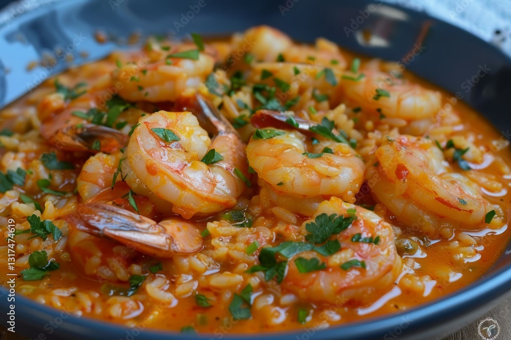 Rustic shrimp paella in clay pot on wooden table. Neural network AI generated Rustic shrimp paella in clay pot on wooden table. Neural network AI generated
