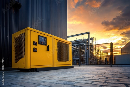 Outdoor yellow generator system next to building, industry equipment and sky